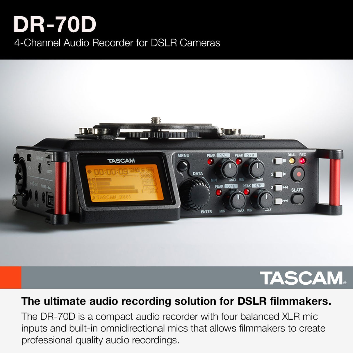 TASCAM Grabadora de audio portátil de 4 canales para videógrafos, 4 entradas combinadas XLR/TRS, 2 micrófonos internos, limitador, filtro HP (DR-70D)