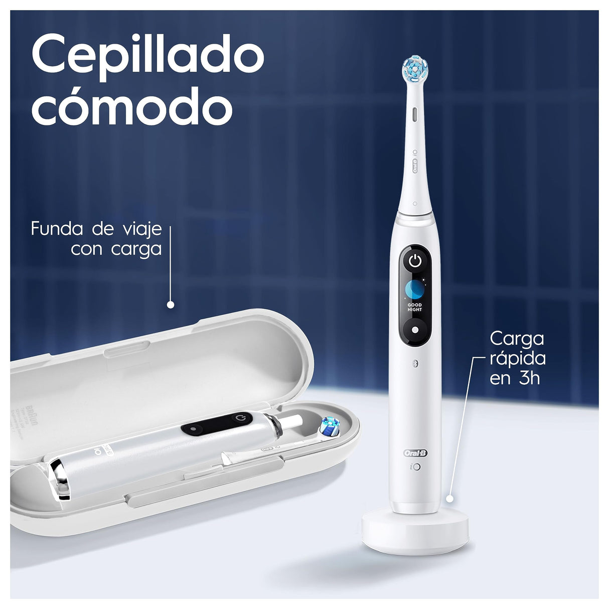 Oral-B iO 9 Cepillo de Dientes Eléctrico con Mango Recargable, 3 Cabezales y Estuche de Viaje con Cargador, Diseñado por Braun, Regalos Originales para Mujer y Hombre - Blanco