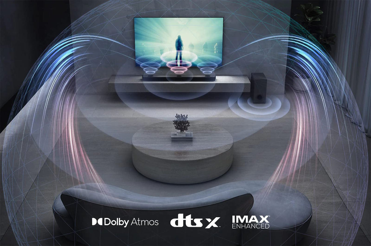 LG S90QY - Barra de sonido TV 570 W, 5.1.3 canales con subwoofer inalámbrico, 3 canales up-firing, audio Meridian, Dolby Atmos, DTS:X, IMAX Enhanced, Bluetooth, Wi-Fi, entrada óptica, USB, HDMI in/out