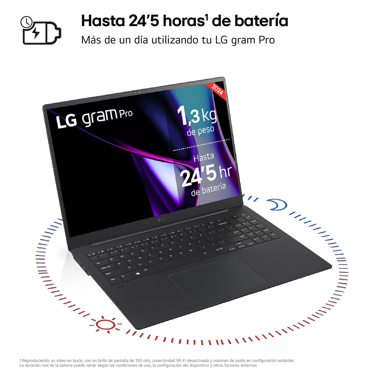 LG gram Pro 16Z90SP-A.AD88B - Portátil Ultraligero de 40.6 cm (16"), OLED, Intel Core Ultra 7, 32 GB RAM, 1TB SSD, batería hasta 24.5 h, 1,2kg, NVIDIA RTX3050, W11 Home, Negro, Teclado QWERTY Español