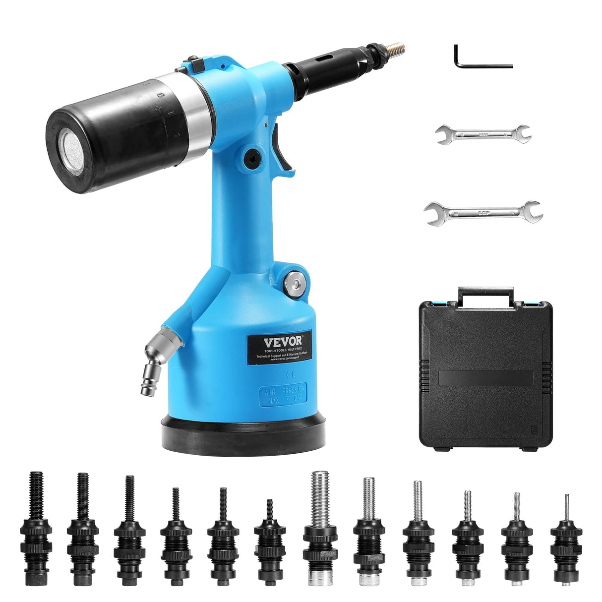 VEVOR Remachadora Neumática con Fuerza de Tracción de 20,2 KN, Alta Resistencia para Herramientas Mecánicas, Construcción, Mejoras en el Hogar, con 13 Piezas de Punta de Tamaño, 250 x 115 x 280 mm