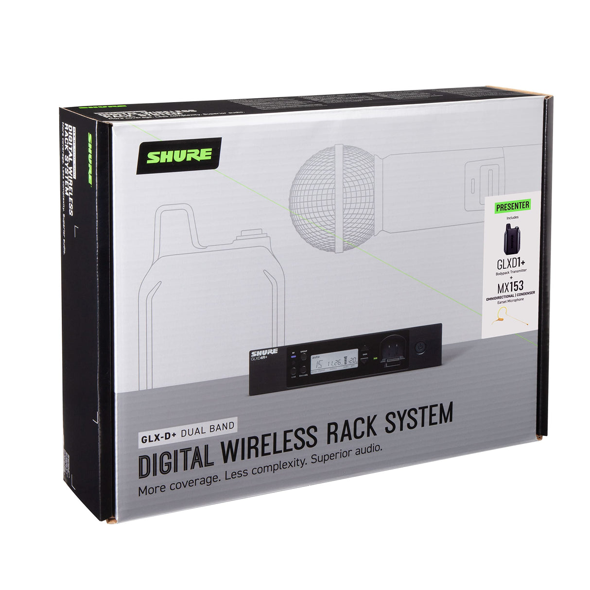 Micrófono inalámbrico Profesional Shure GLXD14R+/MX53 de Doble Banda con batería de 12 Horas y Alcance de 30m. Incluye micrófono de Diadema MX153 y Receptor de Montaje en Rack de un Solo Canal.