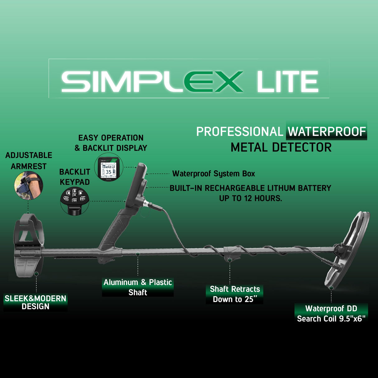 Nokta Simplex Lite - Detector de metales con bobina de búsqueda DD impermeable de 24 cm, vibración para detectar bajo el agua, playa y todos los modos de búsqueda de metales
