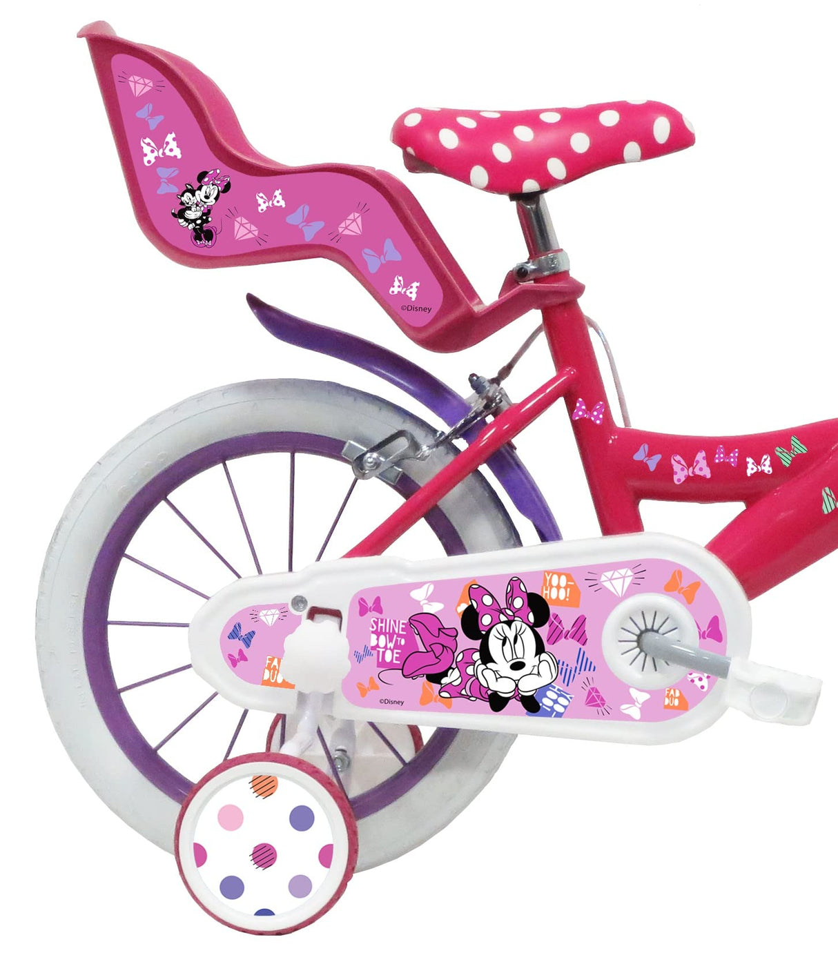 Bicicleta Infantil de 14 Pulgadas, niña Minnie/Disney Equipada con 2 Frenos, Soporte Trasero para muñecas, Cesta Delantera y Casco incluidos