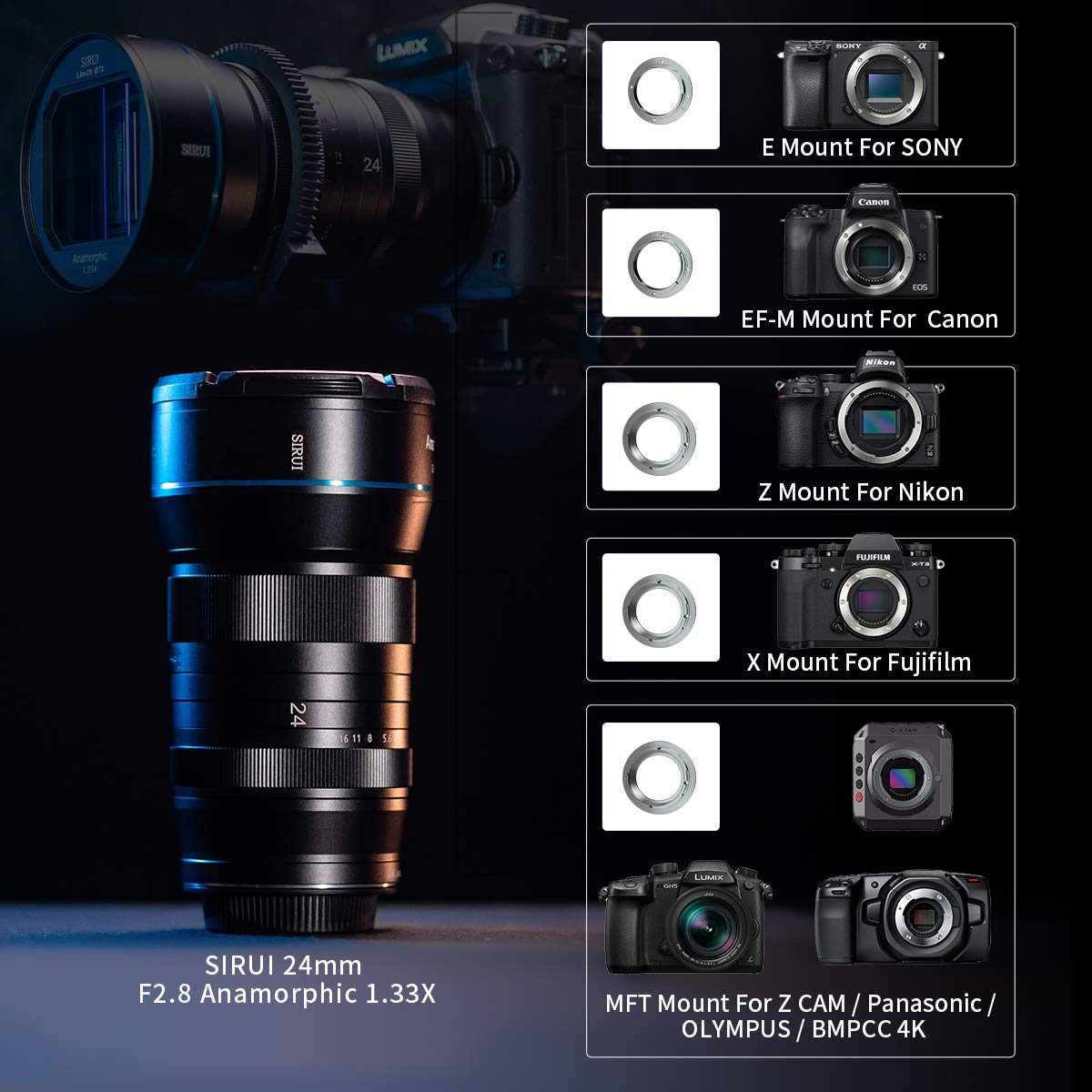 SIRUI 1.33x F1.8 APS-C de 24mm Lente Anamórfica Compatible para Panasonic/Olympus Macro M4/3 de Montaje como E-M1X E-M1 Mark III E-M5, G100KGK-K G100VGK-K G100MGK-K G95GK