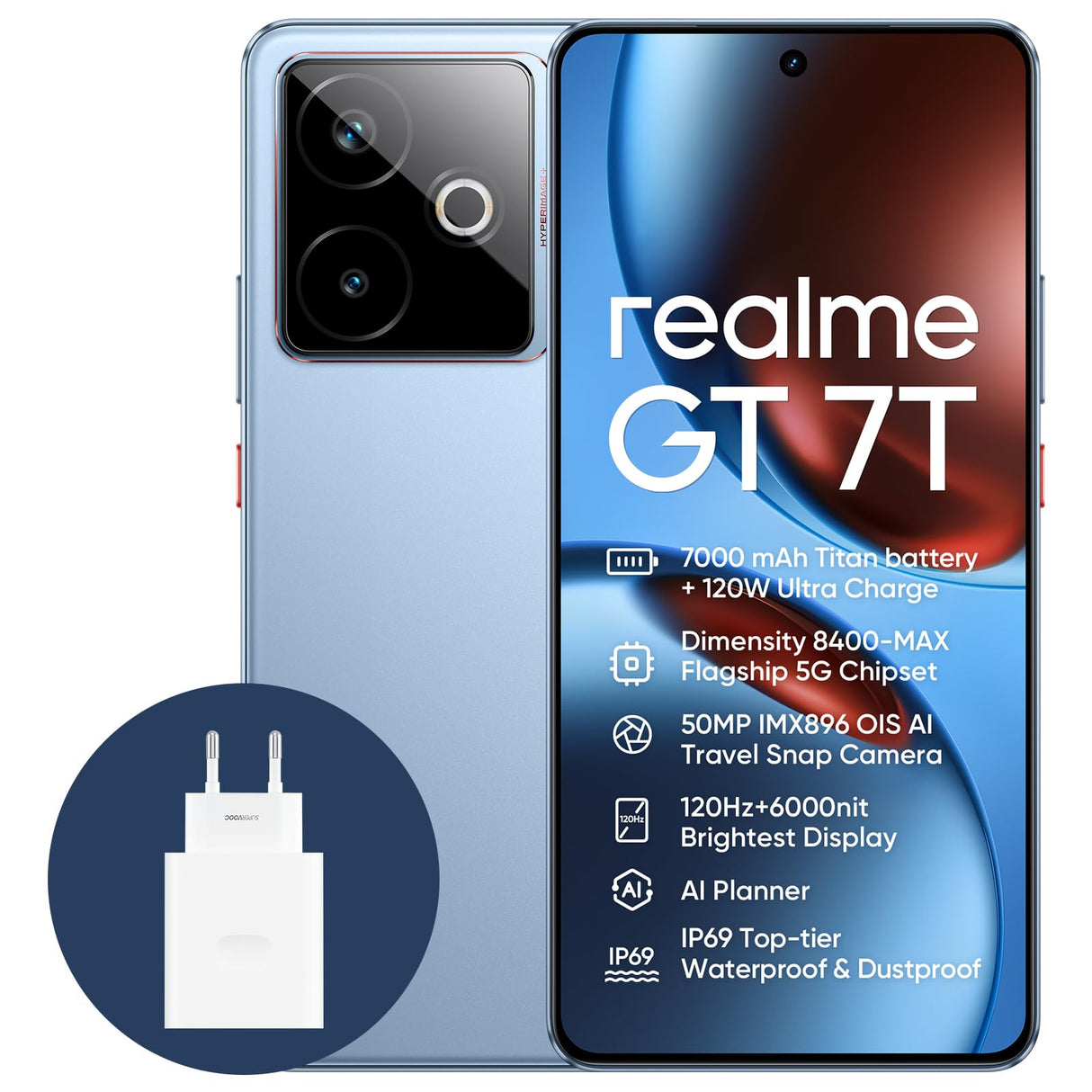 realme GT 7T 5G Smartphone,12+256GB, Batería de 7000 mAh,Carga de 120W,Procesador Dimensity 8400-MAX,IMX896 50MP Cámara,AI Planner,Pantalla Pro-Esports de 6000 nits120Hz,IP69,Azul