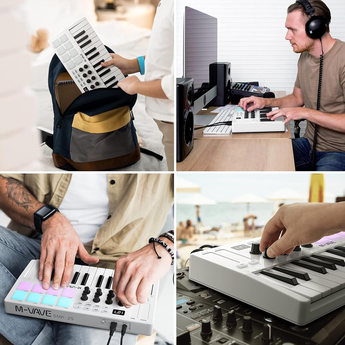 M-VAVE SMK-25 - Controlador de teclado MIDI USB de 25 teclas con 8 pads de batería retroiluminados, Bluetooth, teclas dinámicas profesionales, 8 perillas