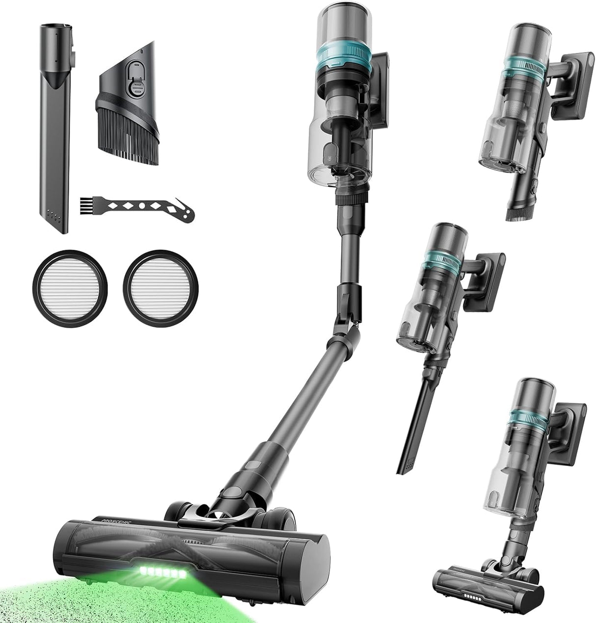 Proscenic P16 Aspiradora sin Cable 55Kpa/550W/65Mins, Aspiradora Escoba Vertical con Tubo Plegable, Cepillo Anti-Enredo y Pantalla Táctile LED para Suelo/Alfombra/Pelos de Mascotas