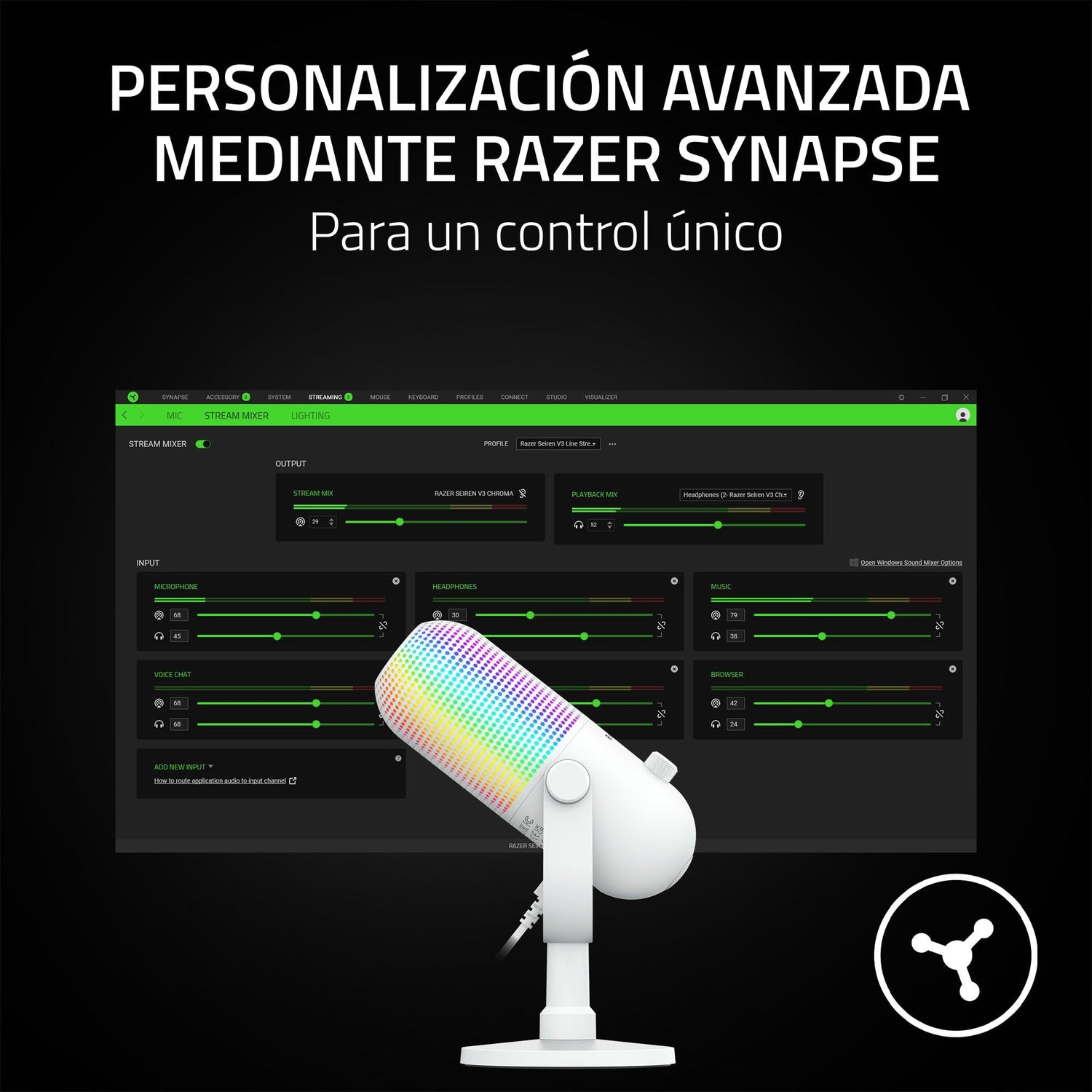 Razer Seiren V3 Chroma - Micrófono USB RGB - Micrófono de Condensador supercardioide con Tap-to-Mute (iluminación reactiva, limitador de Ganancia Digital y Amortiguador Integrado) Blanco