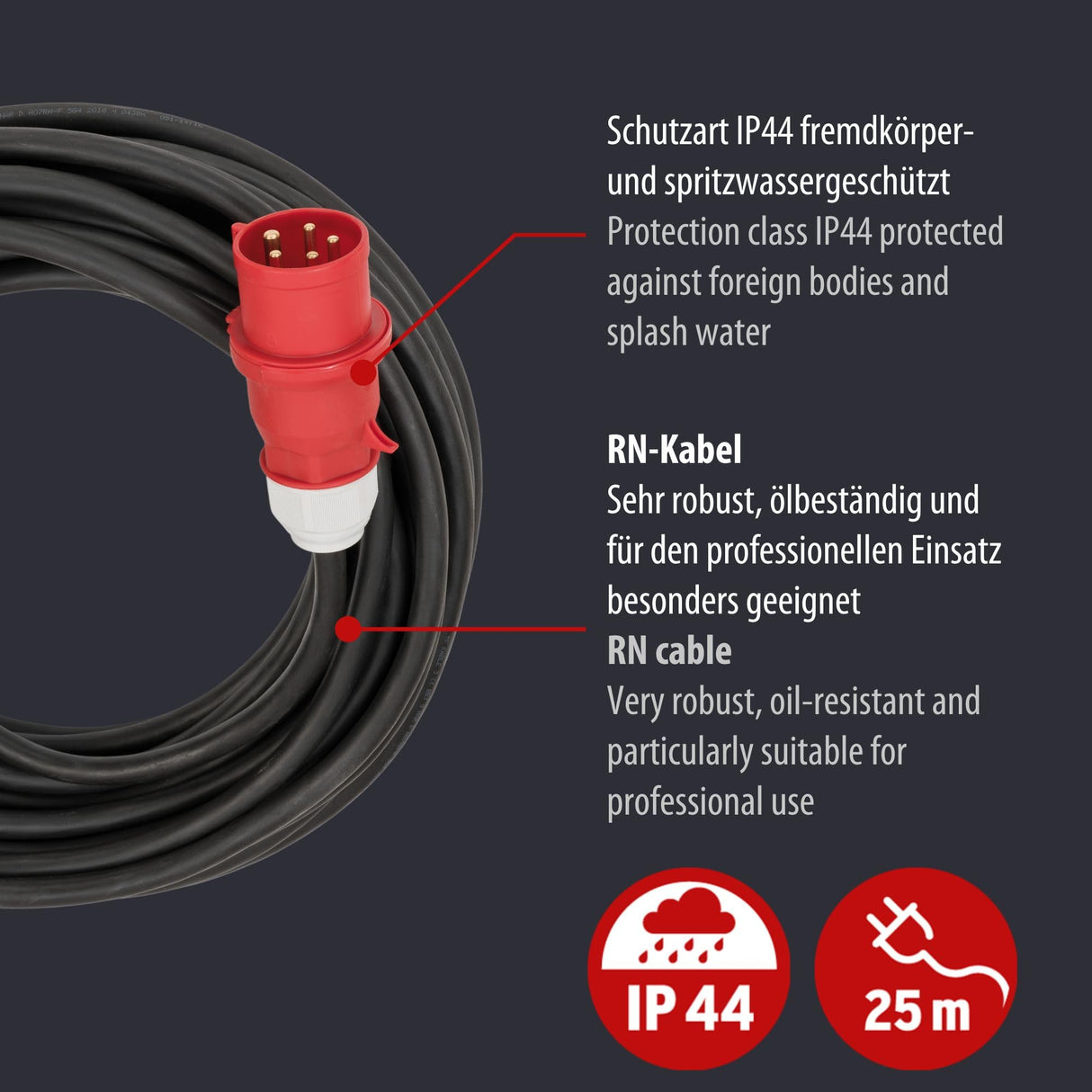 Brennenstuhl Professional Cable alargador de Enchufe CEE 400V/32A (Cable de 25 m, 5 Polos, Conector CEE, para Uso en Exteriores, Fabricado en Alemania) Negro