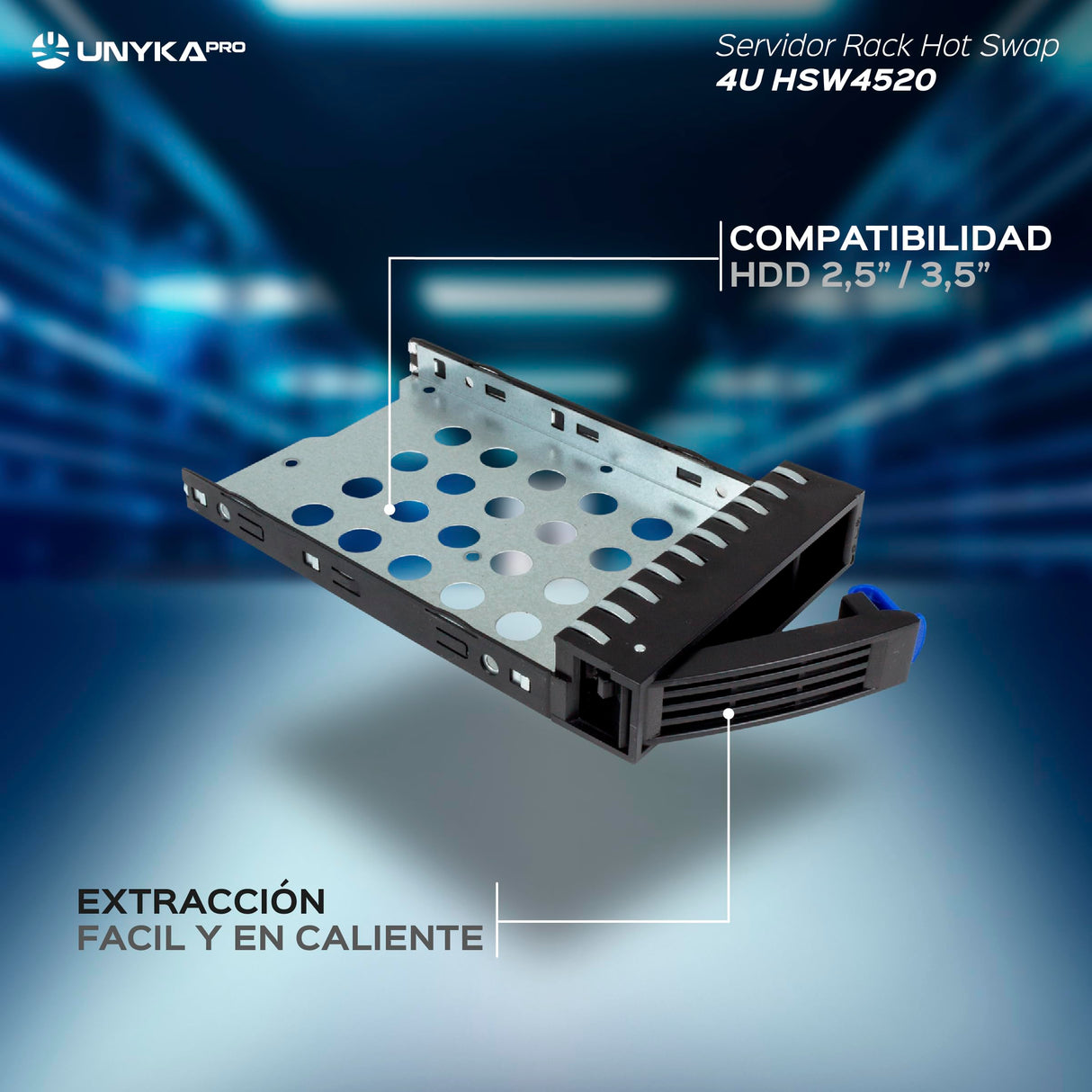 UNYKAch Caja Rack 19" 4U Hot Swap (Sustitución de Bahías en Caliente) HSW4520 ATX, 20 Bahías, para Discos de 3,5″ o 2.5”, 3 Ventiladores de 120 mm y 2 de 80 mm, 1 USB 2.0 y 1 USB 3.0