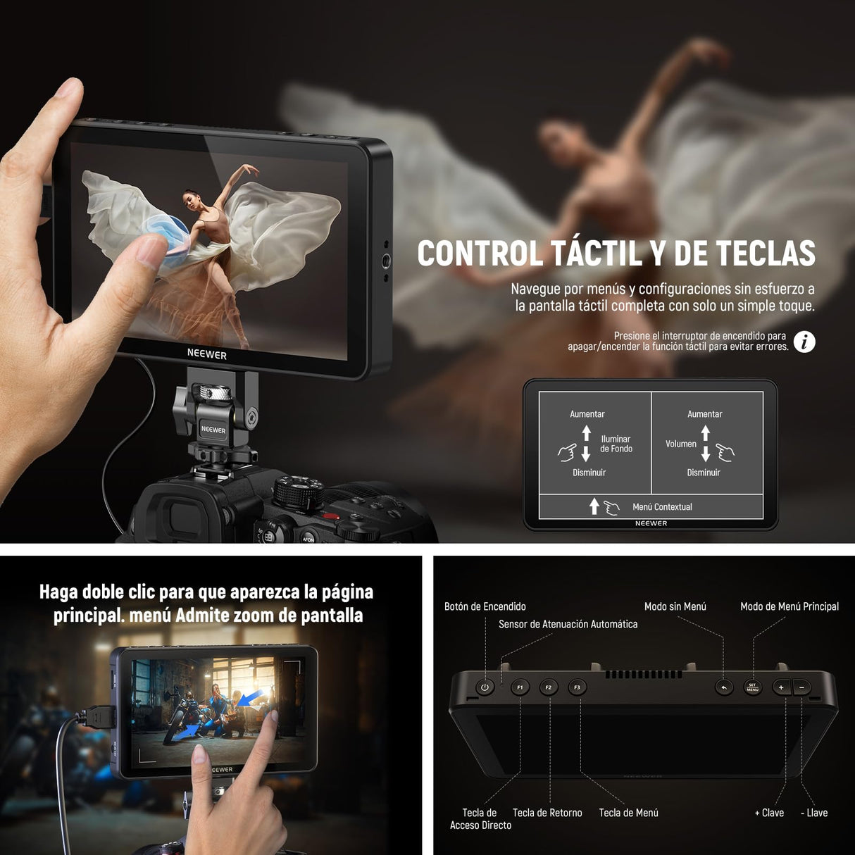 NEEWER F700 7" Monitor Campo Cámara, Pantalla Táctil IPS HD 2000nit 1920x1080 con LUT 3D, 4K HDMI Loop in/out con Peak Focus DSLR Video Asistencia Onda HDR, Montaje Zapata Fría, Batería No Incluida