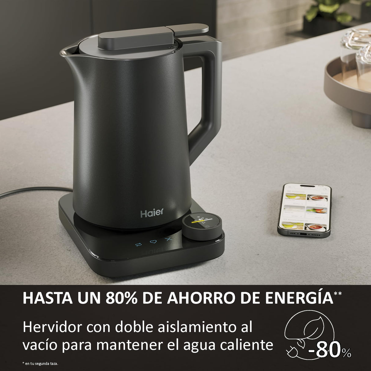 Haier Hervidor Inteligente Series 7 con Control de Temperatura por grado, Pantalla LCD, 6 programas automáticos, Mantener Caliente, Acero inoxidable, Ahorro de energía, 1,3 L, 2000 W, Gris