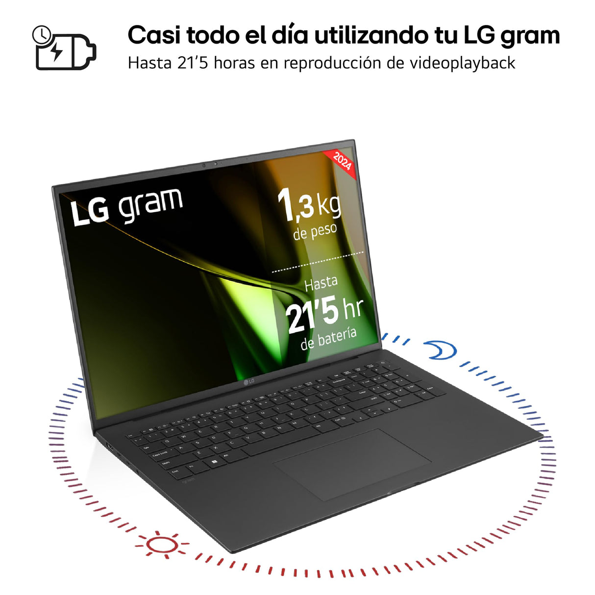 LG gram 17Z90S-G.AD7BB - Portátil Ultraligero 17", 2560x1600, Panel IPS Antirreflejo, Intel® Core™ Ultra 7, 32 GB RAM, 2TB SSD, 1,350 g, batería hasta 21.5 Horas, Windows 11 Home, Negro Obsidiana