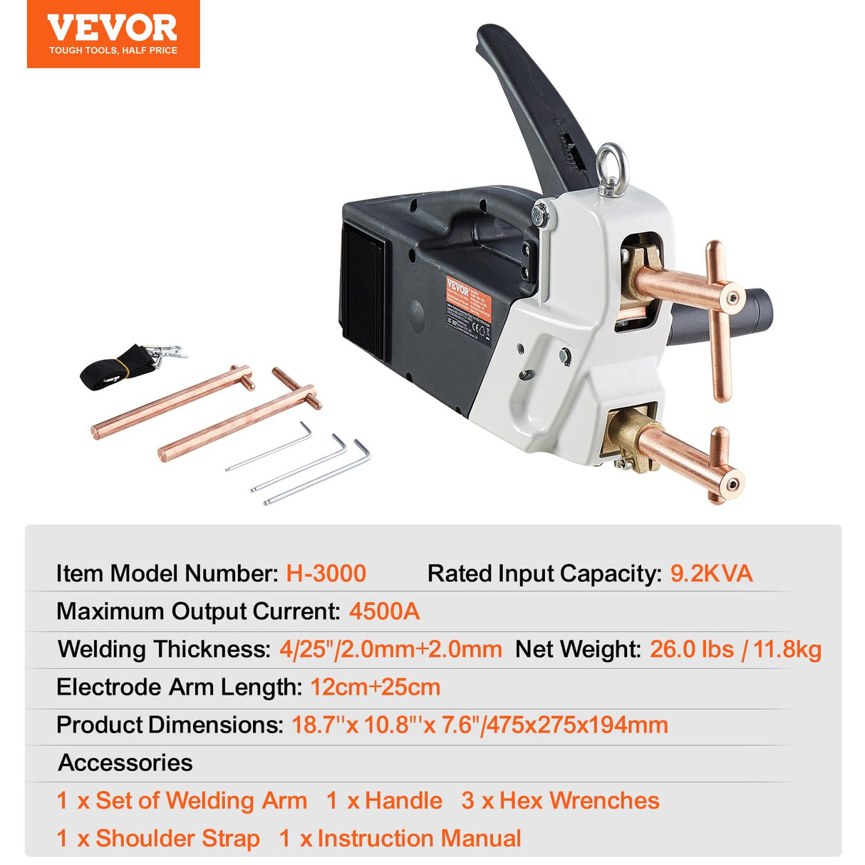 VEVOR Soldador por Puntos Portátil Máquina de Soldadura por Puntos Espesor de 4/25" con Capacidad de Entrada de 9,2 KVA para Lámina de Acero al Carbono, Acero Inoxidable, Lámina de Aluminio