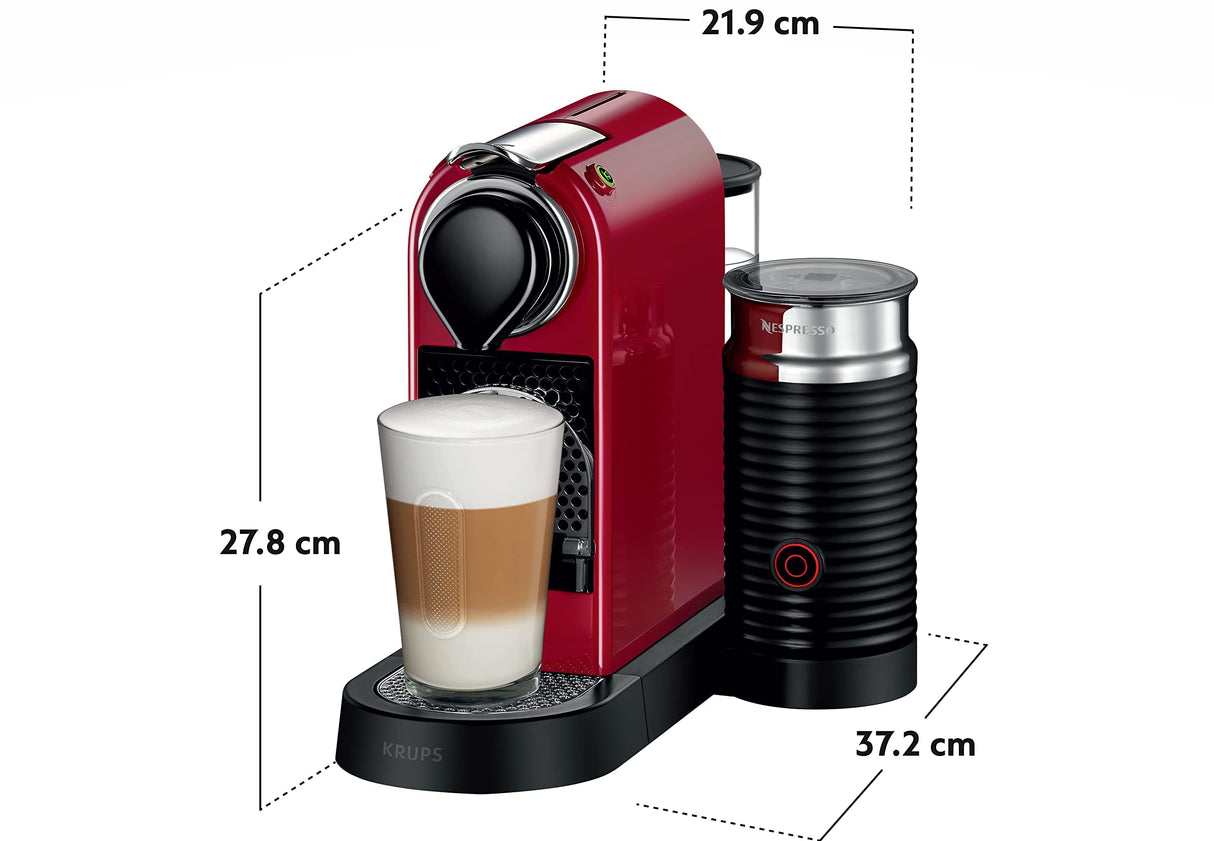 Krups Nespresso Citiz & Milk XN7615 - Cafetera de cápsulas monodosis, con 19 bares de presión, thermoblock, capacidad 1L, función automática, con Aeroccino, color Rojo, incluye pack de bienvenida