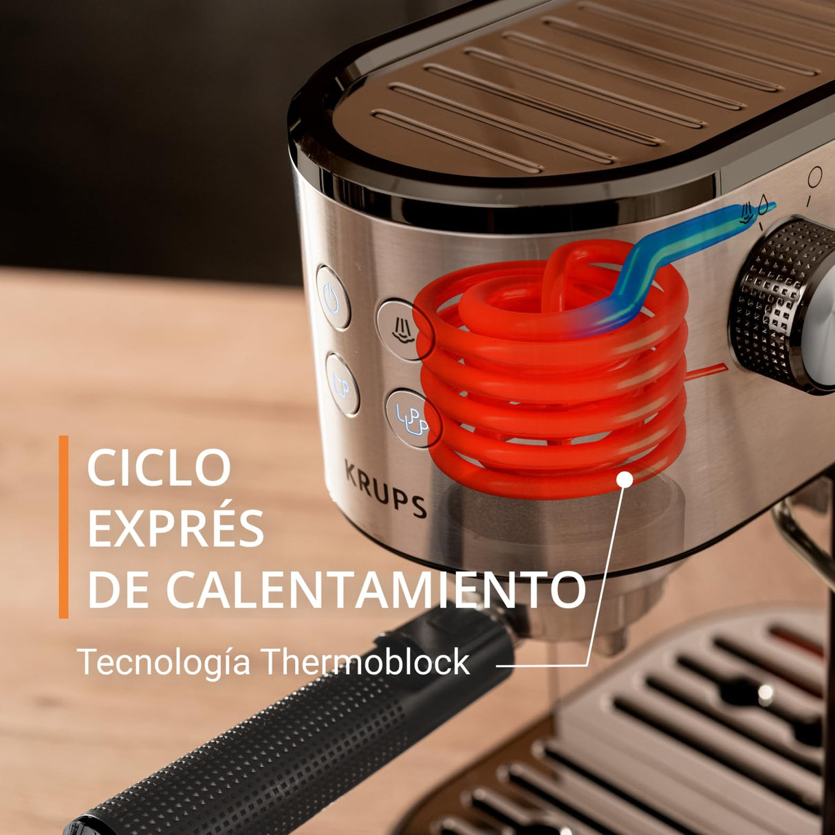 Krups Virtuoso Essential - Cafetera espresso 15 bar, acero inox negro, diseño compacto y elegante, parada automática, espresso y cappuccino, Thermoblock, boquilla de vapor, incluye cuchara, XP4418