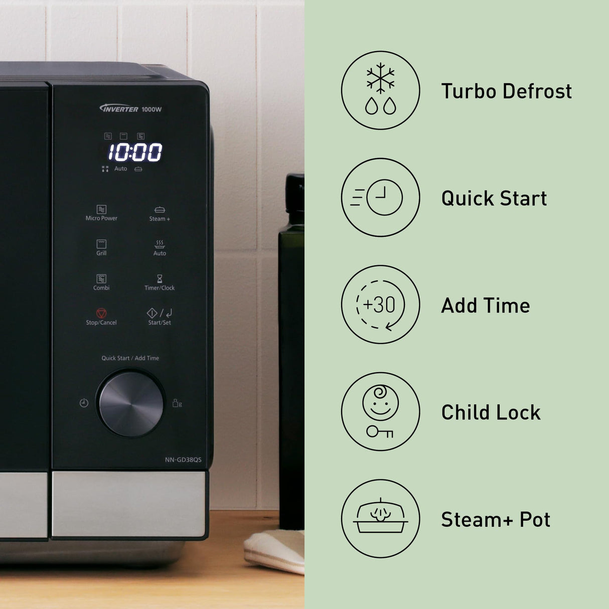Panasonic NN-GD39QSEPG 29L Horno microondas parrilla de acero inoxidable con plato de vapor, 1000W, descongelación automática, rueda y accesorios