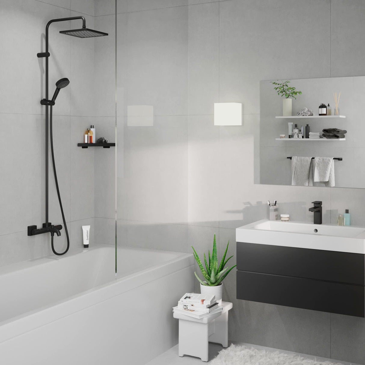 hansgrohe Vernis Shape Sistema de ducha con termostato de bañera 240, 1 tipo de chorro, negro mate, 26900670