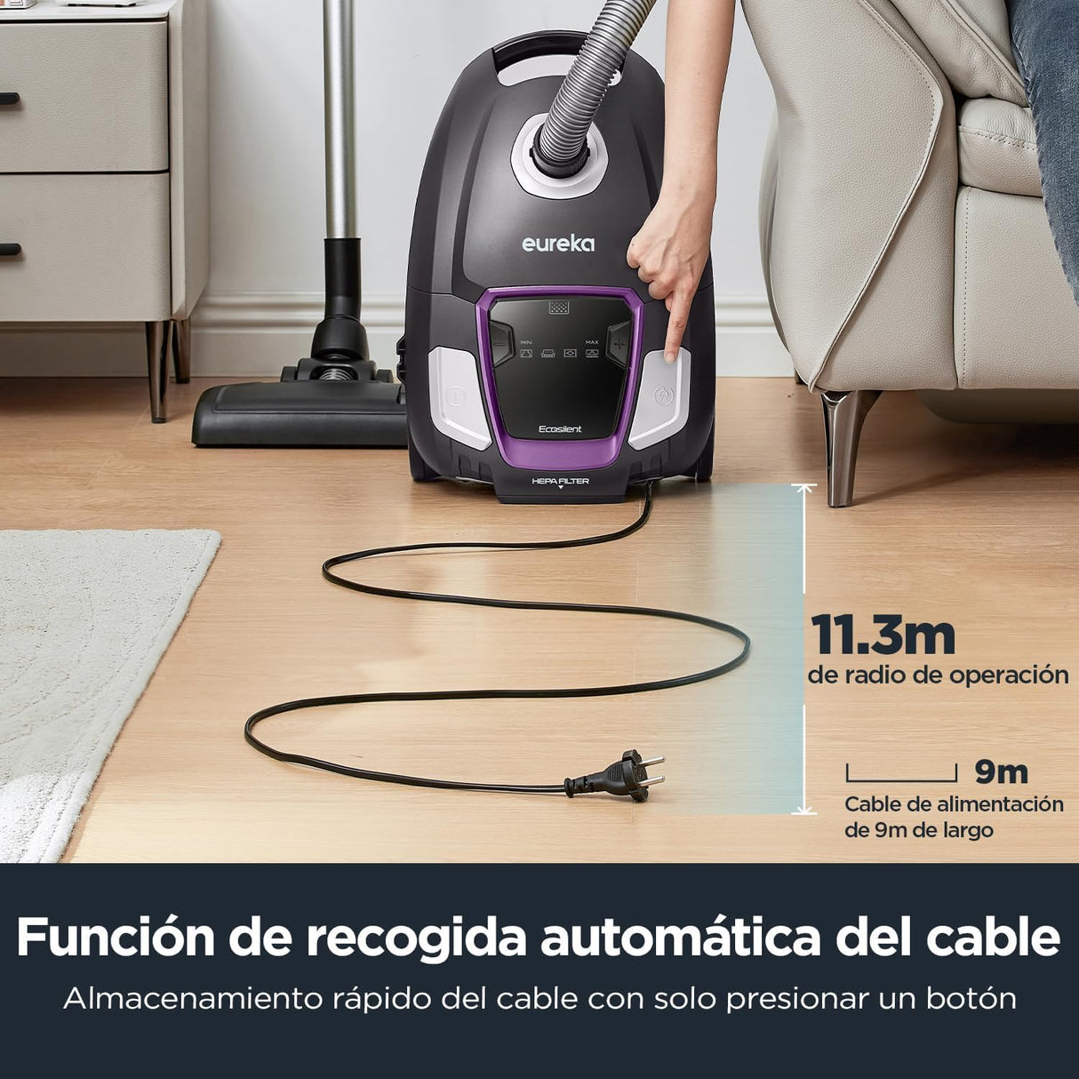Eureka NEN300 Aspiradora con Bolsa, Aspiradora de Suelo de 62 dB(A) Ultra Silenciosa, 700 W, 2L, Aspirador potente y con Filtro Higiénico, Práctica para Suelos Duros, Parquet, Alfombras, Baldosas