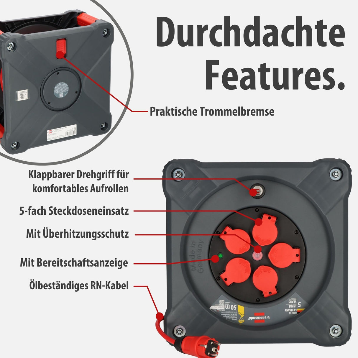 Brennenstuhl Professional KA 5110 5 IP44 carrete para instalación de construcción, cable BQ de 50 m en rojo, 5 enchufes de seguridad, uso en obra y exterior permanente, fabricado en Alemania