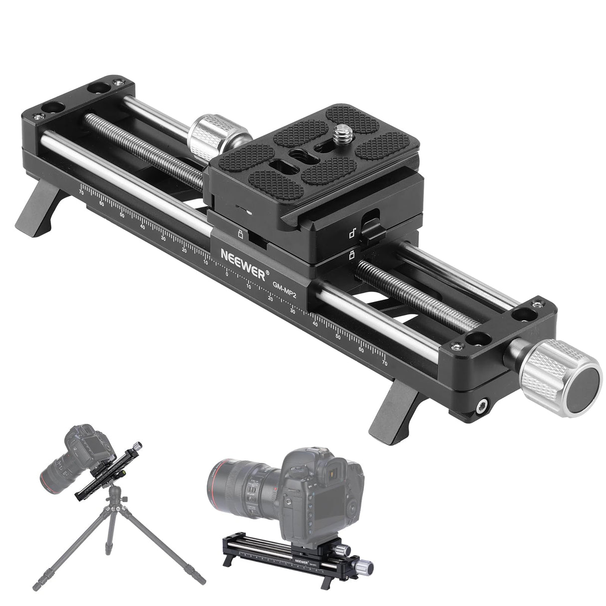 NEEWER Riel de Enfoque Macro de 140 mm, Deslizador de riel Macro con rotación de 360°, Bloqueo de 4 direcciones, Patas retráctiles, Placa QR Tipo Acra, Tornillo de 1/4 y 3/8 Pulgadas para fotografía