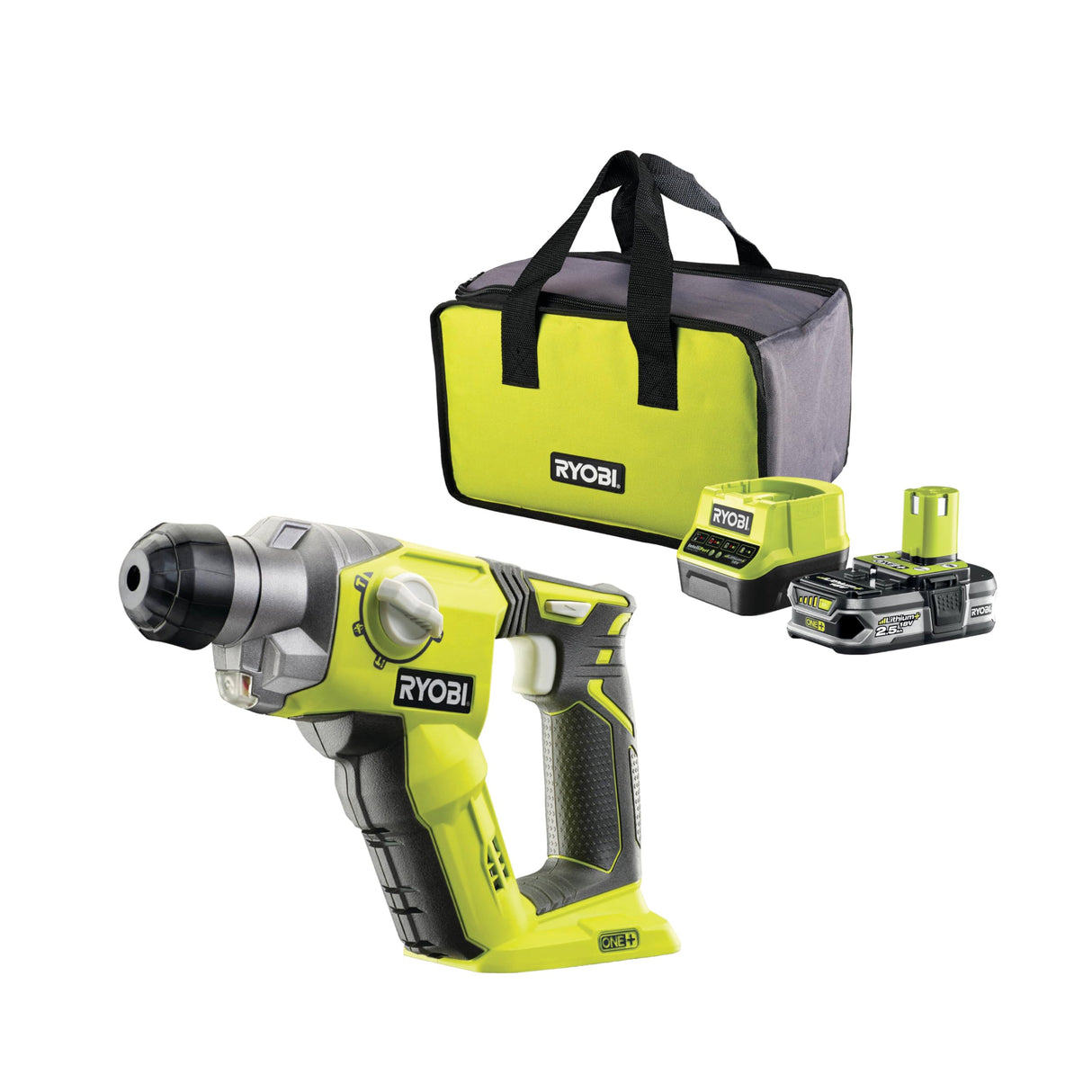 RYOBI - Martillo combinado SDS + 18V ONE+™ con 1 batería 18V - 2,5 Ah y Cargador 1,5A -R18SDS-125S