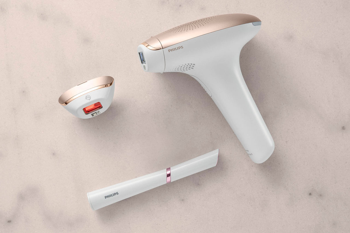 Philips Lumea Serie 7000, dispositivo de depilación IPL, alternativa de depilación láser, con recortadora compacta satinada, 2 accesorios para cuerpo y cara, modelo BRI921/00