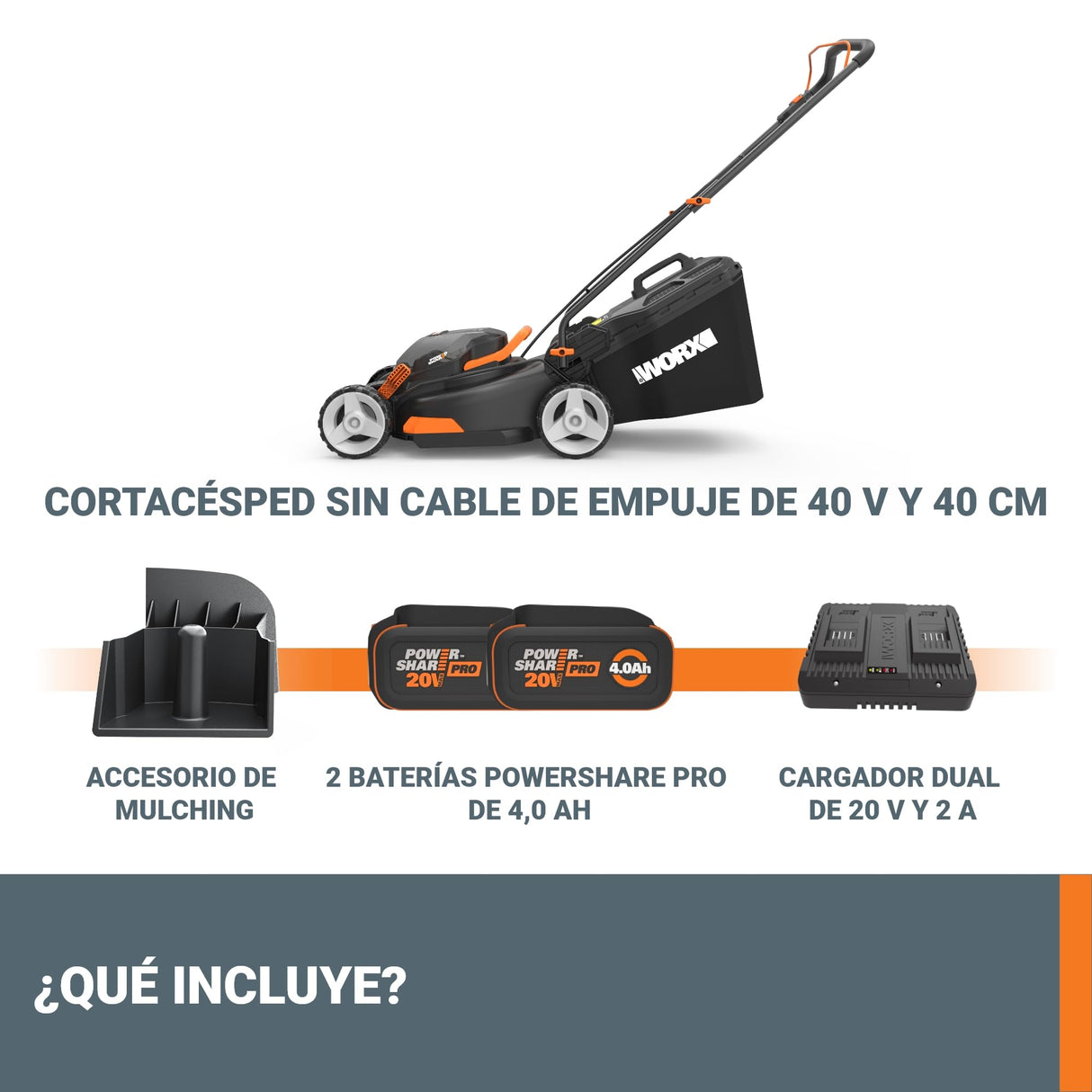 WORX Cortacésped 40V Máx. (2x20V) | PowerShare | WG743E | Incluye 2 baterías 4Ah y Cargador Doble | 40 cm | Ajuste de Altura | 6 Posiciones y 45 L de depósito