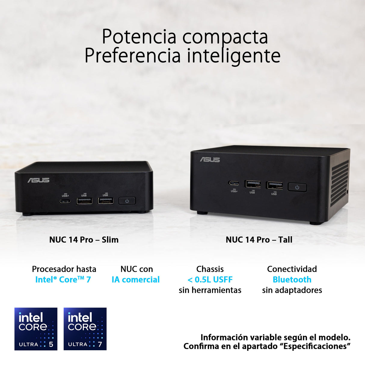 ASUS NUC 14 Pro Mini PC Comercial con IA, Procesador Intel Core Ultra 7 155H, Intel ARC Graphics, 32GB RAM DDR5 (2x16), 1TB SSD, Windows 11 Pro, Cable de alimentación Incluido, Negro