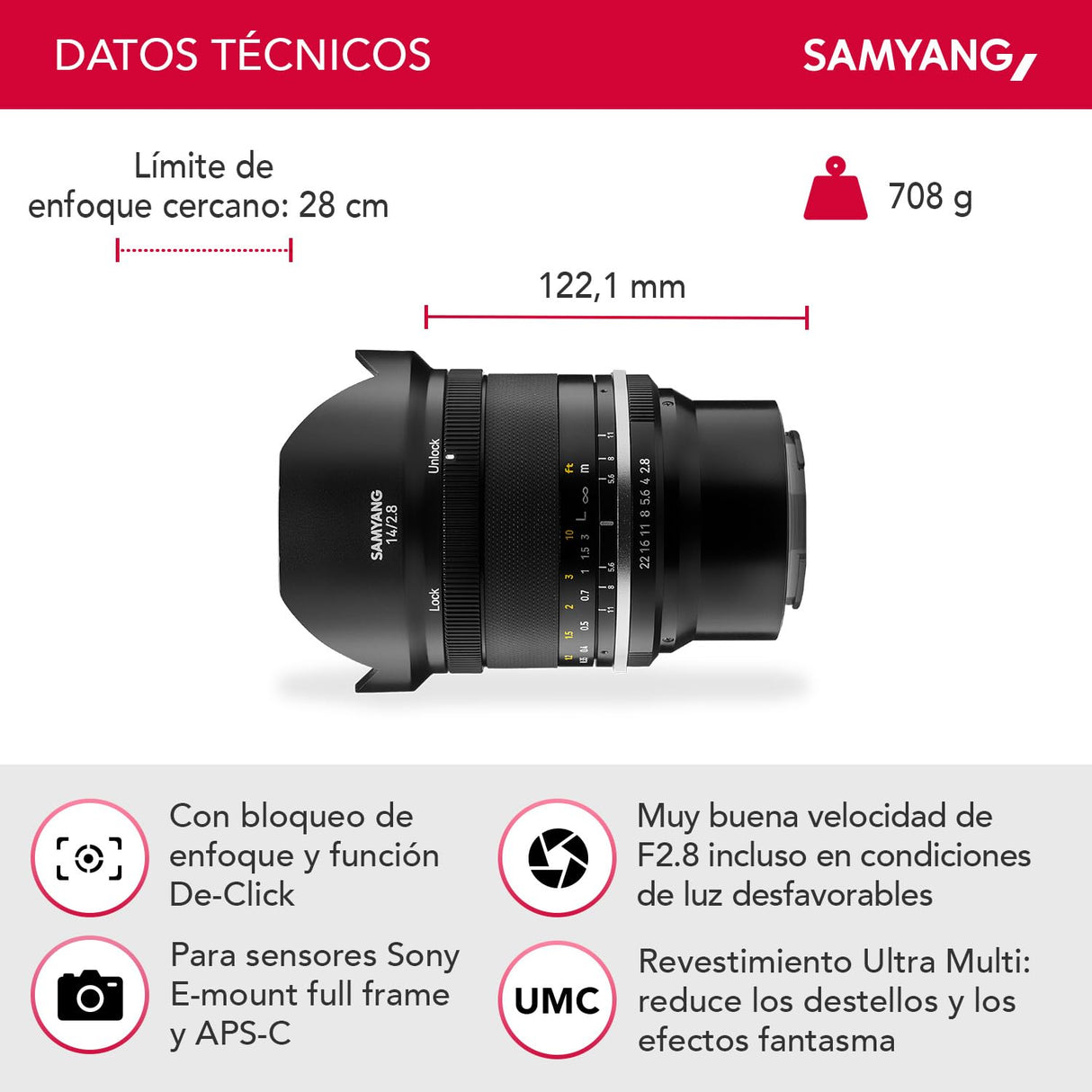 Samyang MF 14 mm F2,8 MK2 Sony E – Objectivo gran angular enfoque manual para formato completo y APS-C distancia focal fija Sony E Mount, 2. generación A7 III, A7R III, A7R IV, A6000 seria