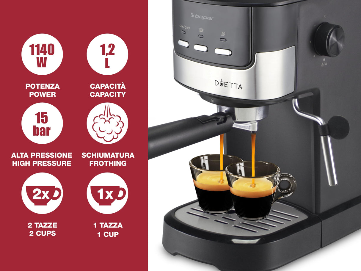 beper P101CAF100 Cafetera Espresso Duetta, 1100W, Compatible con monodosis y café en polvo, Cafetera con brazo de salida doble, 15 bar, Calienta tazas, vaso medidor y prensador incluidos, Negra