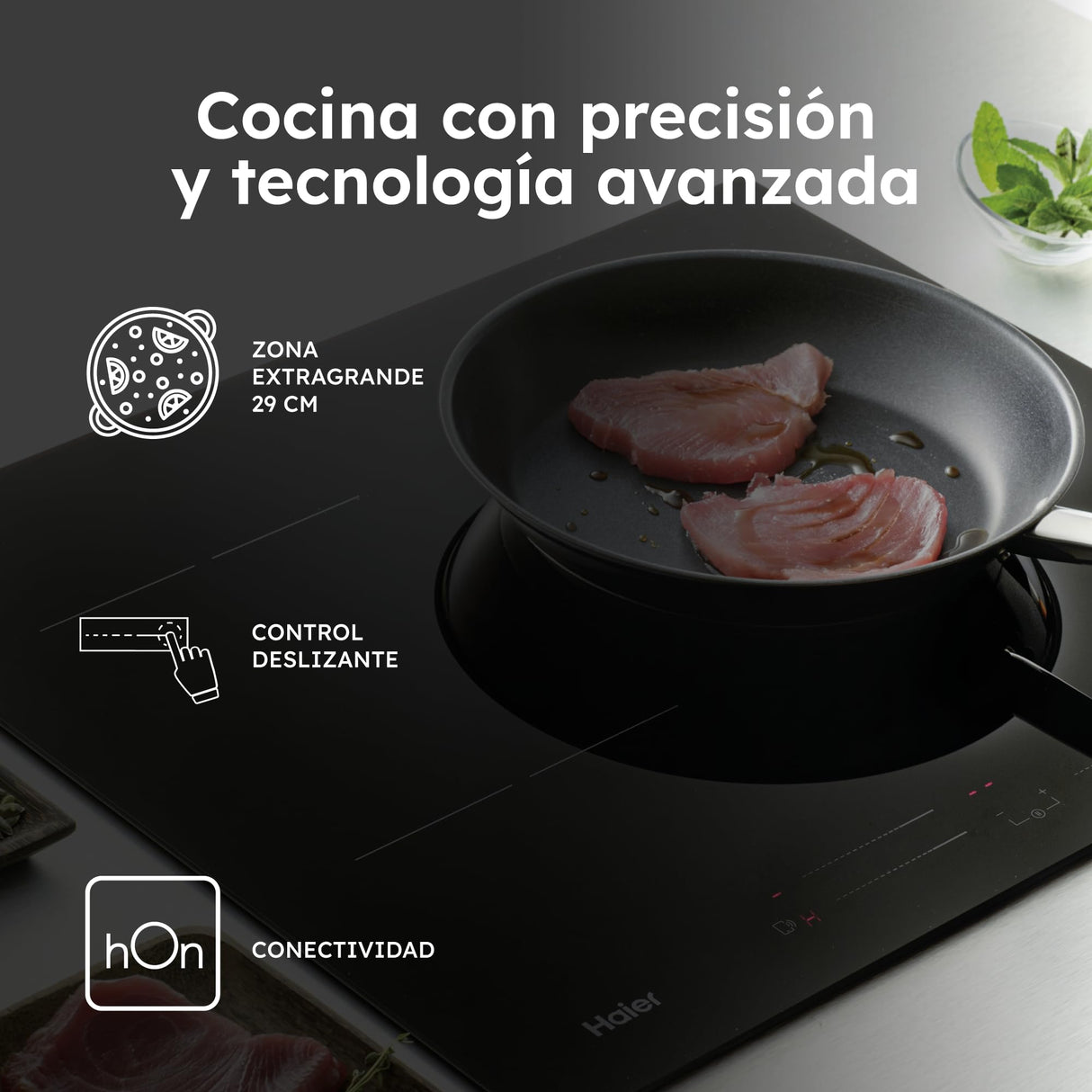 Haier Series 4 HAIDSJ63MC Placa de Inducción, 3 Fuegos, Ancho 60cm, Panel de control táctil Multislider, Conectividad WIFI, 9 niveles de potencia, Paellero Doble Corona, Potencia 7,1KW, Cristal Negro