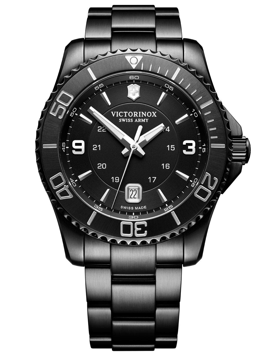 Victorinox Maverick Black Edition Ø 43 mm Reloj de Pulsera de Hombre, Swiss Made, Cuarzo analógico, Sumergible hasta 100 m, Pulsera de Acero Inoxidable, Negro