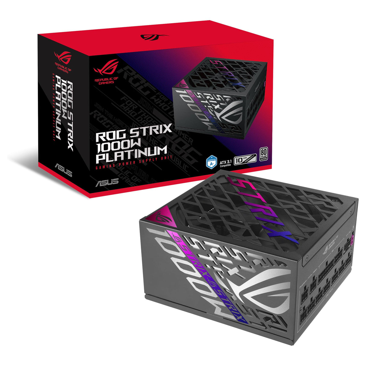 ASUS ROG Strix 1000W Platinum - Fuente de alimentación Totalmente Modular, 80 Plus Platinum, ATX 3.1, Cybenetics Lambda A+, GAN MOSFET, GPU-First Intelligent Voltage Stabilizer, 10 años de Cobertura
