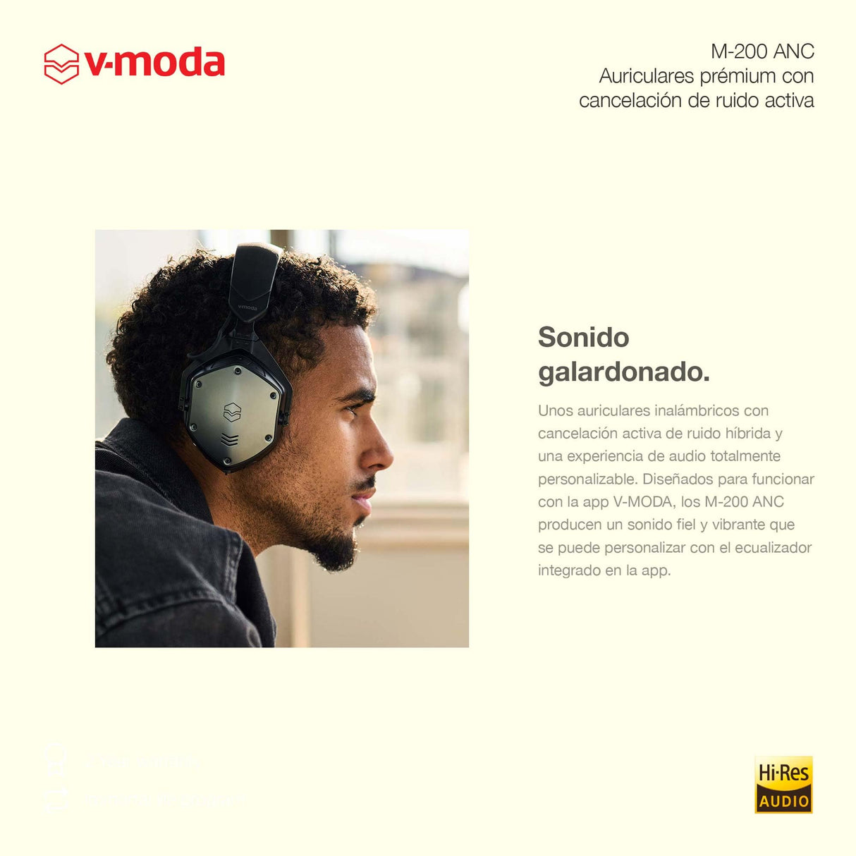 Auriculares con cancelación activa de ruido híbrida V-MODA M-200 ANC | Batería recargable con 20 horas de autonomía | Trasera cerrada | Flexibilidad inalámbrica | Compatible con Bluetooth 5.0