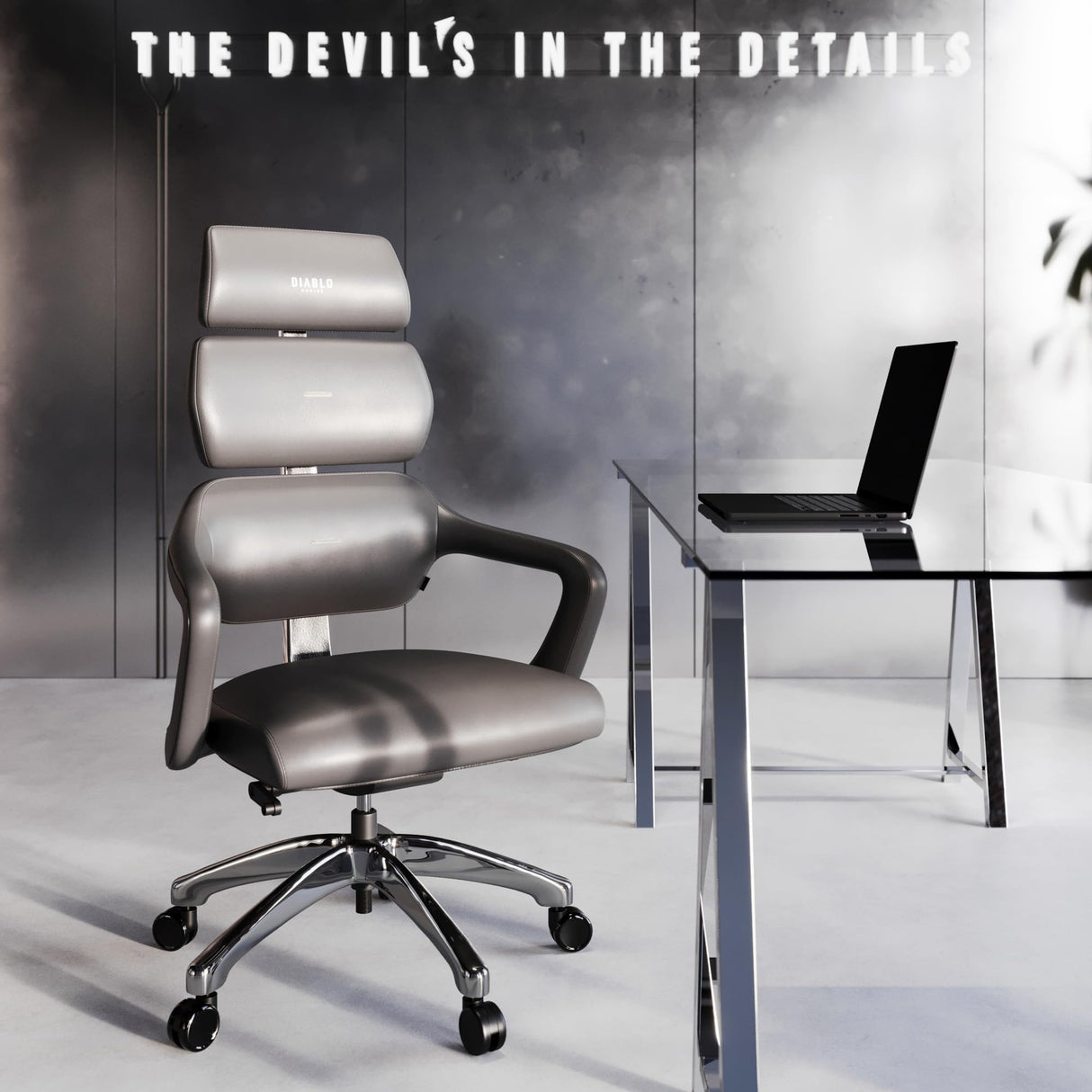 Diablo Silla Oficina V-Modular | Respaldo, Ajuste de Asiento y Respaldo, Reposacabezas Desmontable - Silla Despacho para la Oficin | Elegante Cuero, Robusta Estructura de Aluminio | Gris