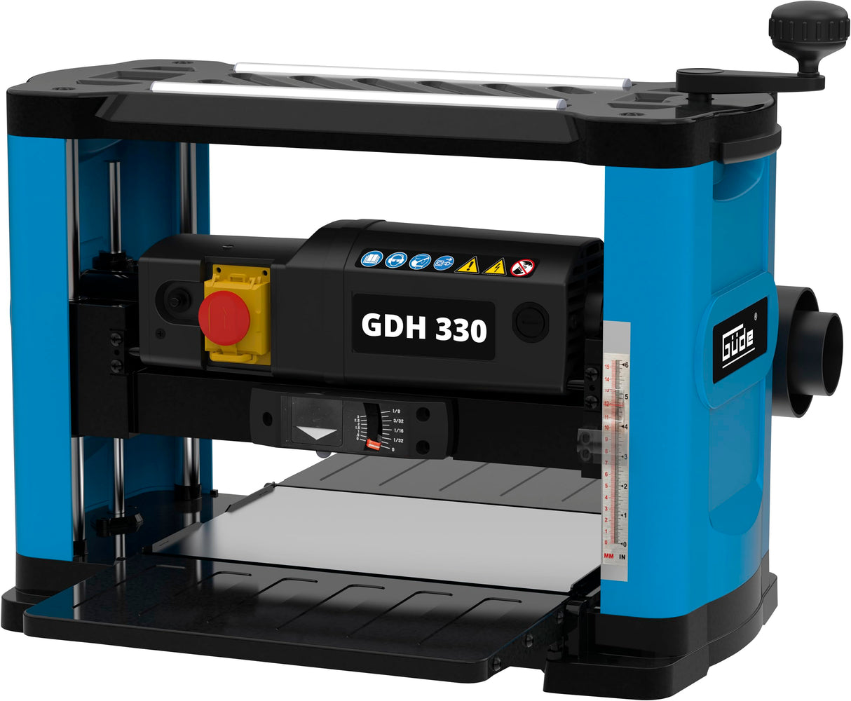 Güde Cepilladora de espesor GDH 330 (1500 W, 2 cuchillas, altura de paso de hasta 152 mm, ancho de paso hasta 330 mm, reducción de virutas de hasta 2,8 mm, mesa de alimentación plegable, colector de