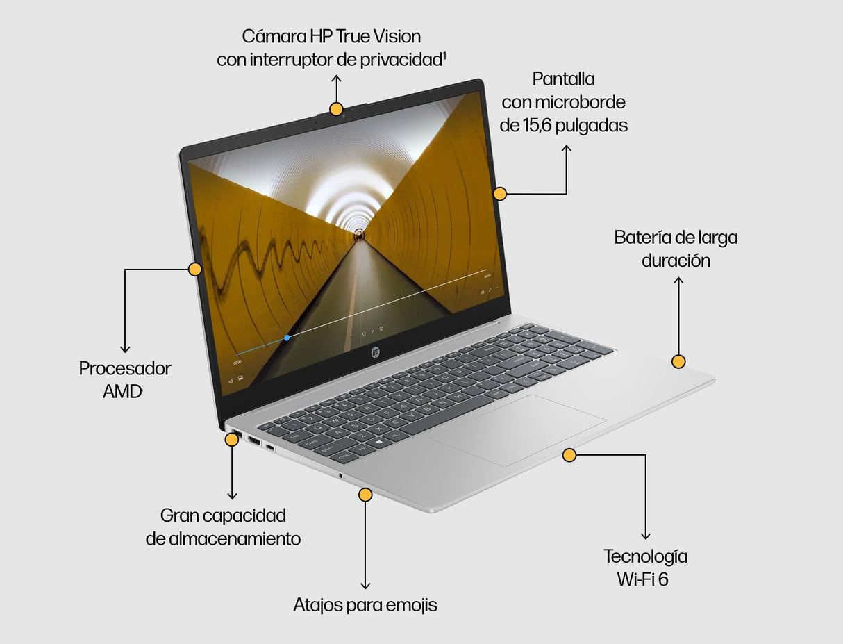 HP 15-fc0151ns - Ordenador portátil de 15.6" FHD (AMD Ryzen 5-7520U, 16 GB RAM, 1TB SSD, AMD Radeon Graphics, Windows 11) Plata y Azul - Teclado QWERTY Español