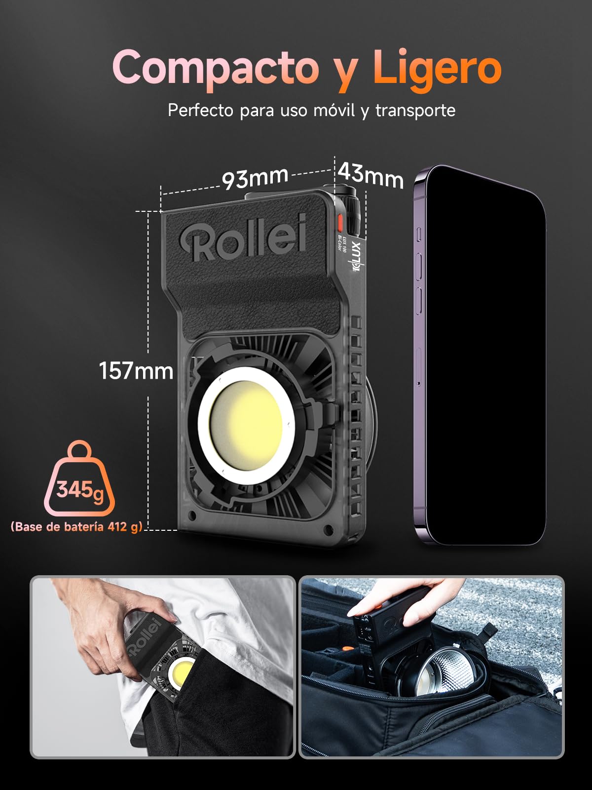 Luz Video, Rollei Lux 100W RGB Foco Vídeo Profesional con 71 WH Empuñadura Batería, Iluminación Continua DC/Tipo C con Candela App para Filmación Entrevista Transmisión, Luz-Video-Foco-LED-Fotografia