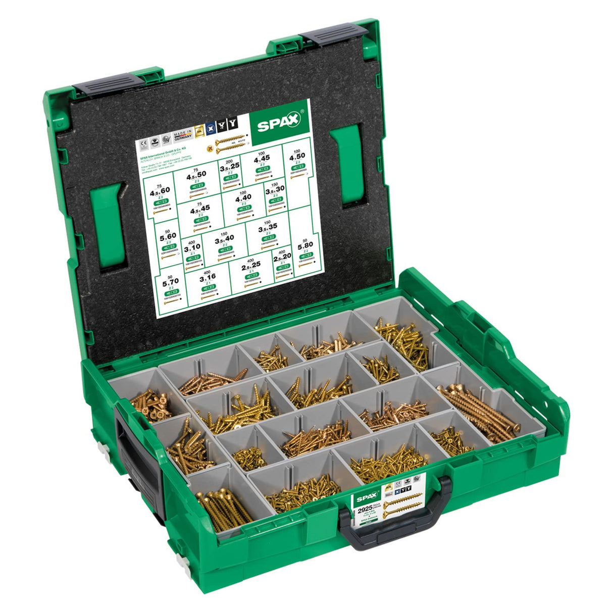 Spax L-BOXX 5000009164019 - Maletín de montaje, tamaño grande, Yellox A2L, ranura en cruz Z, cabeza avellanada, 17 dimensiones, 2930 unidades, incluye 5 puntas SPAX BITs, 5000009164019