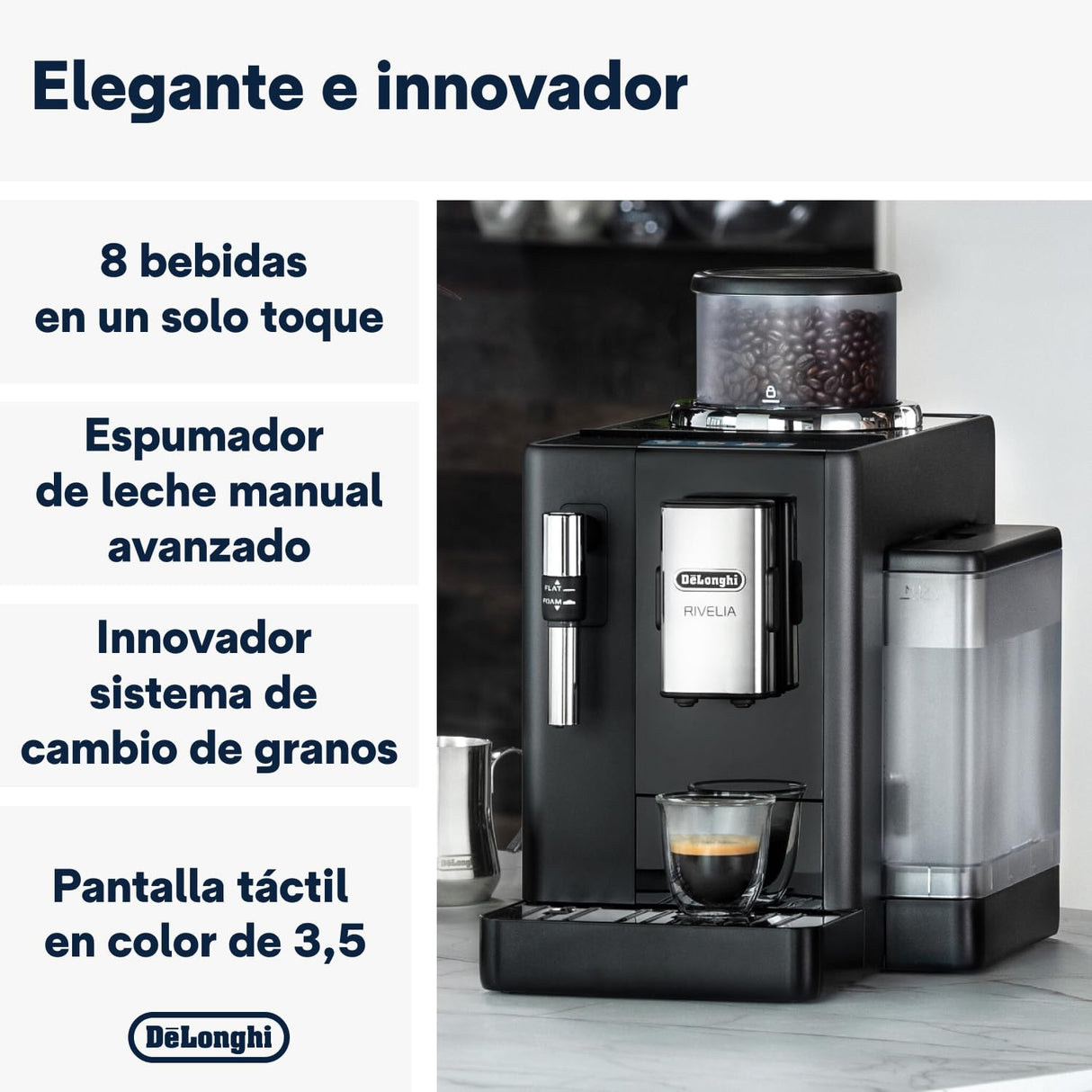 De'Longhi Rivelia EXAM440.35.B, Cafetera Superautomática con Espumador de Leche Manual, Tamaño Compacto, 8 Recetas, Pantalla Táctil a Color, Negro Ónix