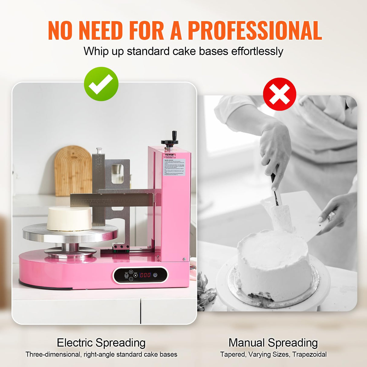 VEVOR Máquina para Decorar Pasteles, para Untar y Cubrir Crema, Bajo Ruido, Plato Giratorio con Raspador Ajustable, para Pasteles 15 y 35 cm, Velocidad de Rotación 25-320 RPM, Rosa, 600 x 370 x 550 mm