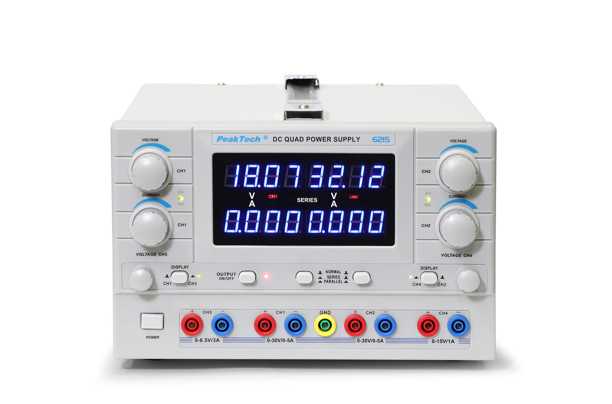 PeakTech Linear DC fuente de alimentación de laboratorio de modulación de dispositivo 4 CH 2 x 0 – 30 V/0 – 5 A, DC 3 – 6,5 V/3 A, 8 – 15 V/1 A, 1 pieza, P 6215