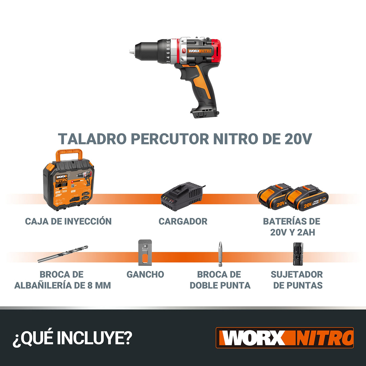 WORX Taladro Percutor Slammer Brushless 20V | PowerShare | WX354 | 2 baterías 2Ah y cargador | Perfora hormigón, motor sin escobillas, velocidad variable, ajustes de par 18+1+1 | Percusión activa