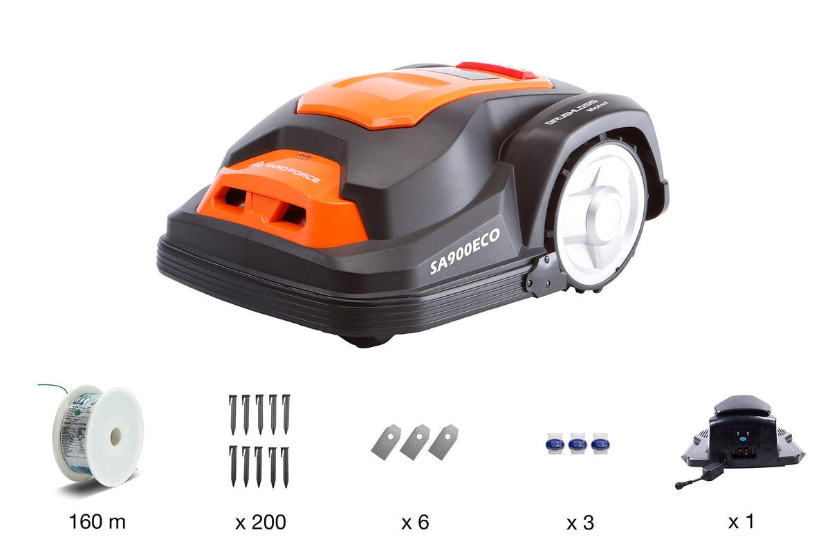 Yard Force Robot cortacésped SA900ECO, apto para céspedes de hasta 900 m2, función de corte de bordes, sensor de lluvia y motor sin escobillas, 28 V, negro/naranja
