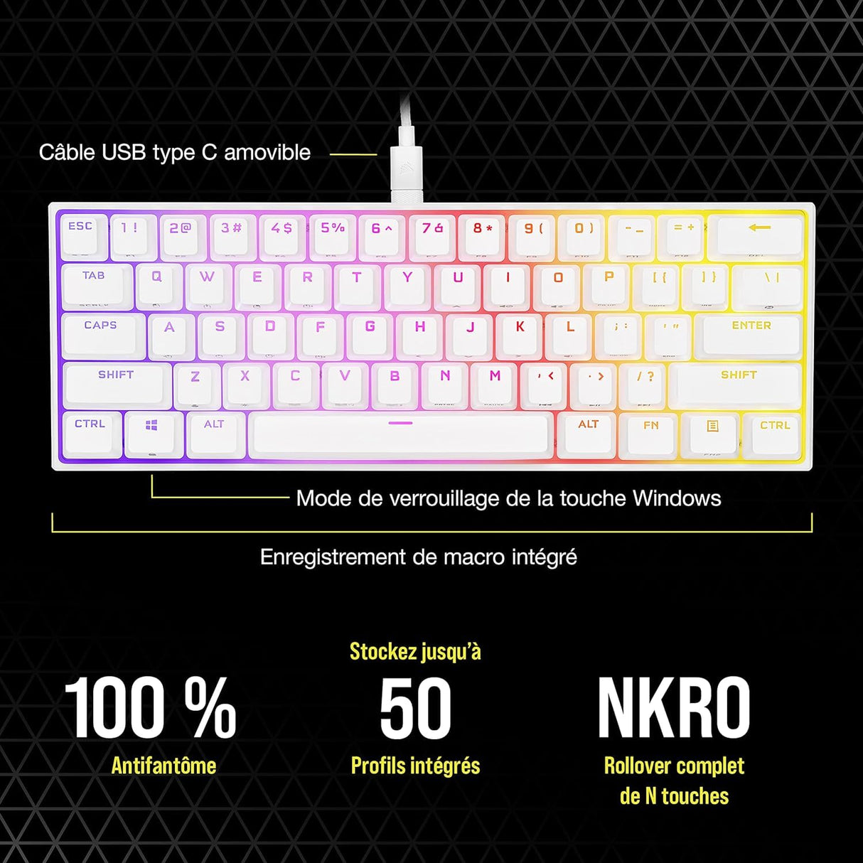 Corsair K65 RGB Mini 60% Teclado de Juego con Cable mecánico – Switches lineales Cherry MX Red – Teclas PBT de Doble Salida, Compatible con iCUE – AZERTY FR – PC, Mac, Xbox – Blanco