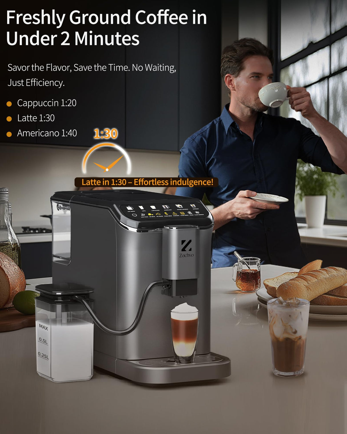 ZACHVO Cafetera Superautomática con Sistema de Leche–20 Bares, 7 Bebidas, 15 Niveles de Molido, Depósito de Agua de 1,5L, Doble Caldera, Control PID, Limpieza Automática,Pantalla Táctil,Café con Leche
