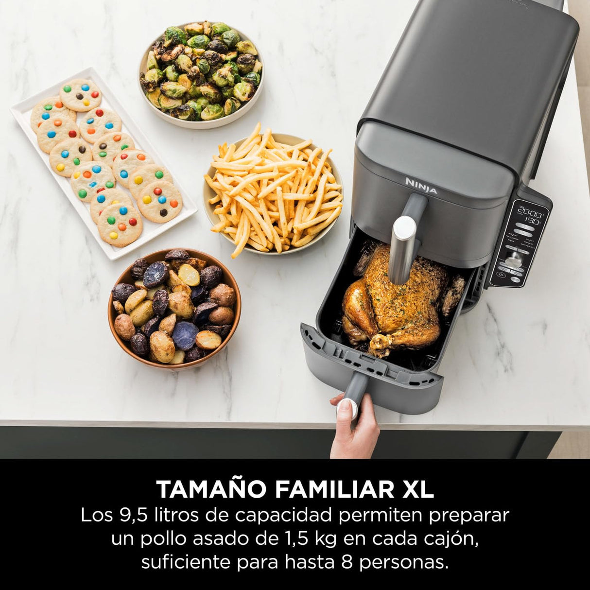 Ninja Double Stack XL Freidora de aire, 9,5 l, Doble cesta vertical, 4 niveles de cocción, 2 cestas y 2 rejillas, diseño para ahorrar más espacio, 6 funciones de cocción, 8 porciones, en gris, SL400EU