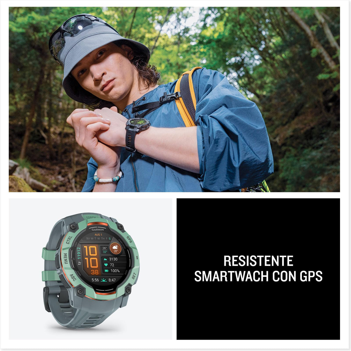 Garmin Instinct 3, Reloj inteligente con GPS, Pantalla AMOLED de 50 mm, Resistente al agua, Aplicaciones deportivas integradas, Monitorización de la salud, Linterna LED, Hasta 24 días autonomía, Verde